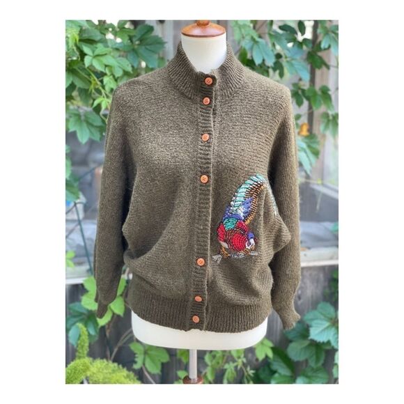 Vintage 70s Cardigan Kid Mohair Knit Turkey Applique Kitsch Sz 42 OOAK - Picture 5 of 16